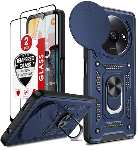 LeYi Coque pour Xiaomi Redmi A3 4G Anneau avec 2*Verre Trempé+Full Protection Caméra Coulissante, Étui de PC Dur et TPU Silicone Militaire Anti-Rayures Coque Redmi A3 4G Antichoc-Bleu