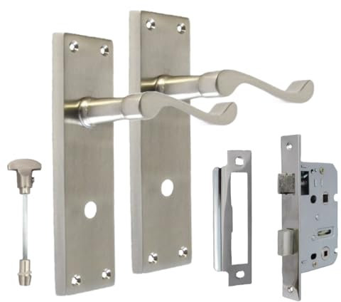 Satin Bathroom Door Handle with Privacy Lock Set & 3 Lever Sash Lock - Victorian Style Internal Thumb Turn Latch for Interior Doors Satin Nickel Door Handles, Back Plate, 150 x 42mm,