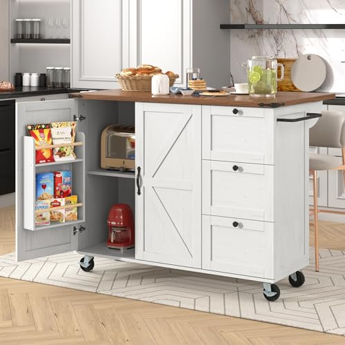 Ymkua Esswagen Anrichte Kücheninsel, Küchenwagen, Speisewagen Anrichte auf Rollen, Anrichte mit 2 Türen und 3 Schubladen, Buffetschrank mit Ausziehbarer Arbeitsplatte für Esszimmer, Küche (BeigeB)