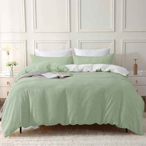 SOULFUL Housse de Couette 220x240 Coton, Vert Limonaire Ensembles de Housse de Couette avec Fermeture Éclair, 100% Coton Lavé, Texture Lin, Parure de Lit 220x240 Coton avec 2 Taie d'oreiller 65x65 cm