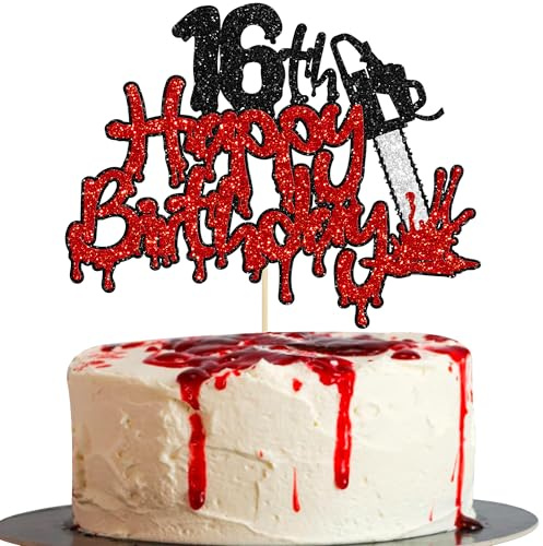 Gyufise 1Pcs Happy 16th Birthday Cake Topper Black Glitter Cheers to 16 Years Horror Blood Knife Have a Killer Birthday Cake Pick for Halloween Killer 16th Birthday Party Cake Decorations Supplies