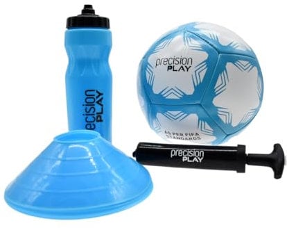 PrecisionPLAY Football Training Set for Kids, Size 4 Ball, Cones, Water Bottle, Pump and Bag, Soccer Training Equipment Kit, Gift for Young Players, Blue