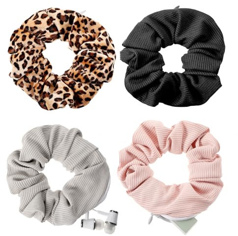 AOZUO 4 Leopardenmuster Scrunchies mit Reißverschluss Elastischer Haargummi Seide Haargummi für Damen, Frauen & Mädchen