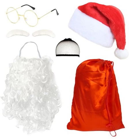 TUONYIS 6 Stück Weihnachtsmann-Anzug,Weihnachtsmann Kostüm Set Weihnachtsmann-Mütze Bart Augenbrauen Goldene Brille Rote Tasche Haarnetz für Erwachsene Weihnachten Cosplay Neujahrsparty