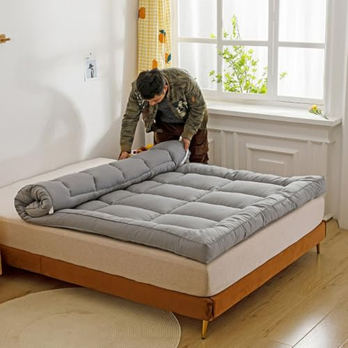 Matratzenauflage aus Daunen und Federn in Kingsize-Größe, faltbare Futon-Schlafmatte mit elastischen Ankerbändern, weiche und atmungsaktive Matratzenauflage in Queensize-Größe für bequemen Schla