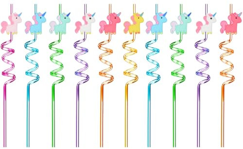 DKDDSSS 10 Pièce Pailles de Licorne, Pailles en Plastique Reutilisable Bouclées, Paille Enfant, Pailles Reutilisable pour les Fêtes d'Anniversaire, Décoration de Table Fête