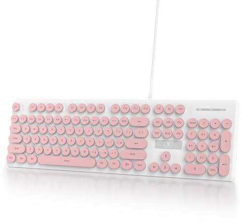 Ussixchare Teclado de computadora con cable de tamaño completo, teclado silencioso de máquina de escribir con teclas redondas retro, retroiluminación LED, membrana, 104 teclas para PC, portátil (rosa)