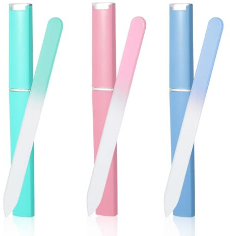 KFHENSOMR Kristalloberfläche Nagelfeilen, 3 Stück Glas Nagelfeile Mit Etui Maniküre, Nagelfeile Glas aus Tschechischem Glasen für Natürliche Künstliche Nagelpflege, Maniküre Glasfeile für Nägel