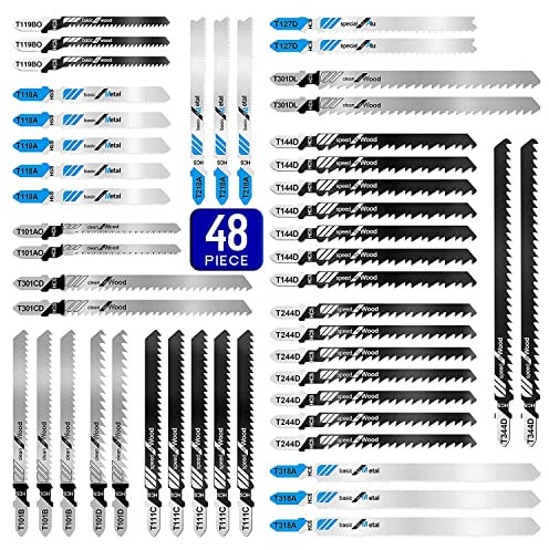 Jigsaw Blades Set 48pcs,Contractor Assorted T Shank Jig Saw Blades,Multi-Purpose HCS/HSS Saw Blades for Cutting Wood,Plastic,Metal