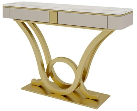 Console de Salon en Faux marbre, Table d'appoint étroite de 120 cm, Table d'appoint Moderne, Table d'entrée, Meuble Art déco (doré)