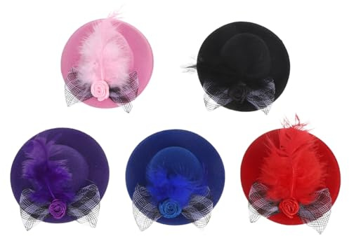 TOYANDONA Mini Top Hats for Dolls 5 Pcs Dollhouse Miniature Hats with Flower and Net Small Dress up Caps for Doll Headwear Diy Craft Decoration Party Accessories