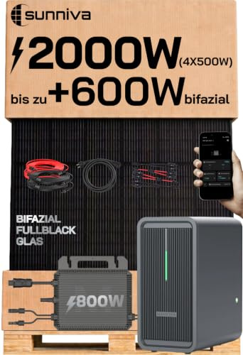 SUNNIVA® 2000W Balkonkraftwerk mit 2,24 kWh Speicher Marstek B2500-D & 800W Wechselrichter, BIFAZIAL FULLBLACK komplett Steckdose, PV Solaranlage Komplettset mit Solarspeicher, 4x 500W N-Type Glas