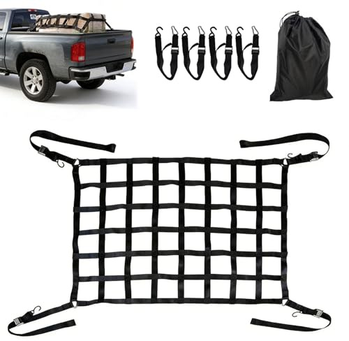 Net Gepäcknetz für Pickup & LKW, 208 x 127cm Anhänger Frachtnetz, Ladeboden Ladungssicherung mit 4 Festgurten, Ladeflächenetz Anhänger, Nylonmaterial Netzdesign Schwarz