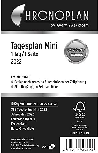 Chronoplan 50602 Kalendereinlage 2022, Tagesplan im Mini Format (79x125mm), Ersatzkalendarium, ideal für detaillierte Tagesplanung, Multilochung (1 Tag auf 1 Seite), weiß
