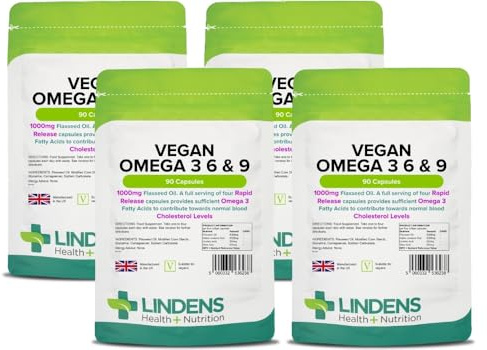 Lindens - Vegan Omega 3, 6 & 9 - 360 Capsules - UK Made - Flaxseed 1000mg Softgel Capsules - Rapid-Release - (90 Pack x4) - Letterbox Friendly
