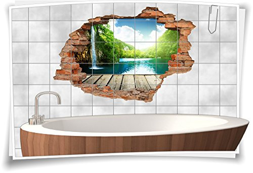 Medianlux Fliesenaufkleber Fliesenbild Wanddurchbruch Natur Steg See Wasserfall Wald, 90x60cm, 20x20cm (BxH)