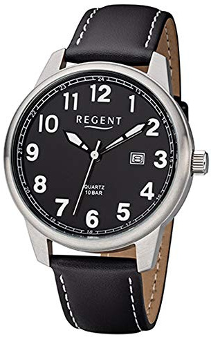 REGENT Herren-Armbanduhr Edelstahl analog Quarz Lederband schwarz F-1238