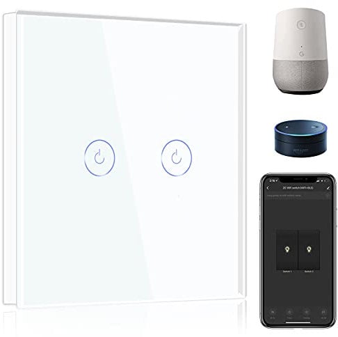 BSEED Smart Light Switch,Compatible with Alexa and Google Home,2 Gang 1 Way WiFi Touch Switch,2 Way or Multi-Way Control by SmartLife APP,White Alexa Switch with LED Indicator Light-Neutral Wire Need
