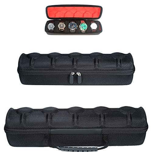 RIGICASE Hartschalen-Reiseetui mit 5 Schlitzen und weichem Trennkissen, passend für Männer und Frauen, Freizeit-/Sport-/Tauch-/Kleid-/Automatikuhren bis 60 mm großes Zifferblatt, mit luxuriösem rotem