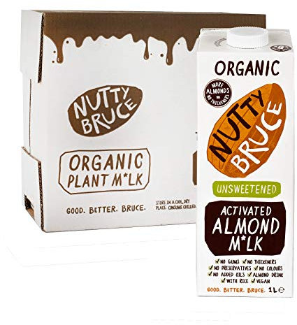 Nutty Bruce - Unsweetened Activated Almond Milk - Certified Organic & Vegan Alternative Milk, No Preservatives, Colours or Added Oils, Lactose Free, Dairy Free, Soy Free - 6 pack x 1L