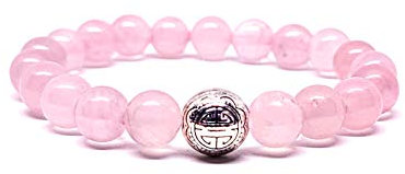 Kirei Paris Bijoux Bracelet Pierres Naturelles 8mm avec Pendentif Argent Sterling 925 Shou Longue Vie,Marque française Fabrication Artisanale (Quartz Rose)