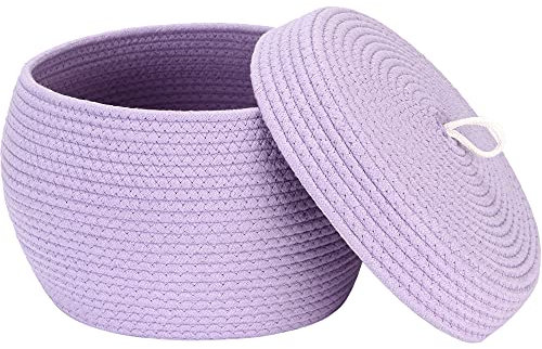Sea Team Round Cotton Rope Storage Basket with Lid, Decorative Woven Storage Bin, Pot, Caddy, Organizer, Container for Snacks, Towels, Plants, 13 x 9 Inches (Large, Lavender)