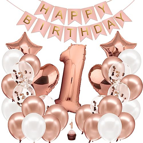 envami® Geburtstagsdeko Mädchen Rosegold Zahl 1. Geburtstag Mädchen Happy Birthday Deko Folienballon 1 Luftballon 1. Geburtstag Kindergeburtstag Deko