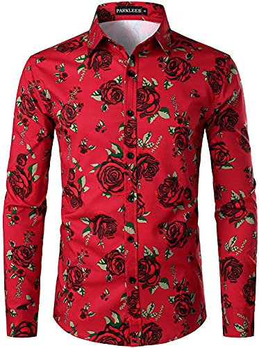 PARKLEES Herren Hipster Urban Design Polyester 3D Gedruckt Slim Fit Langarm Button Up Kleid Shirts, rote rose, L