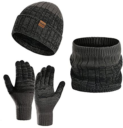 Daysskk Bonnet Echarpe Gants Homme 3 en 1 Bonnet Hiver Tricoté Homme Beanie Homme Cache Cou Homme Gants Tactile Hiver Homme Cadeau Homme