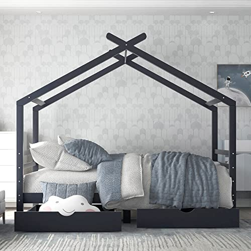 ZYLOYAL10 Wooden House Bed with Two Storage Drawers for Kids, Solid Pine Wood, 3 FT Single Tree House, Canopy Bed for Children Girls and Boys, 190 * 90 cm, Nacy Blue