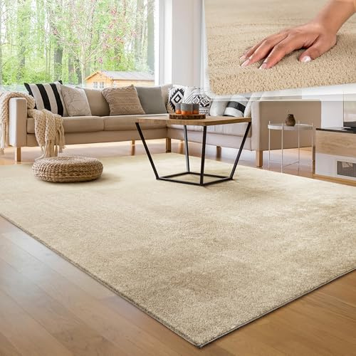 Paco Home Moderner Kuscheliger Wohnzimmer Teppich Kurzflor waschbar flauschig Weich Einfarbig Felloptik zeitlos stilvoll rutschfest pflegeleicht, Grösse:200 cm Quadrat, Farbe:Beige 2