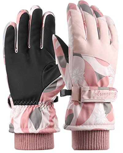 LEcylankEr Skihandschuhe für Damen, Touchscreen-Winterhandschuhe, Wasserdicht Snowboard Handschuhe, Modische Warme Sporthandschuhe mit Muster (Rosa)