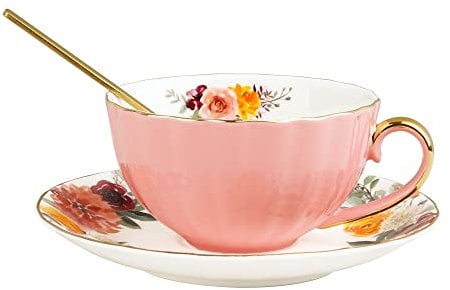fanquare Taza de Té Rosa Inglesa, Taza de Té de Porcelana con Cuchara, Taza de Té y Platillo de Cerámica, 200ml (FKT0514C)