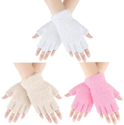 Geyoga 3 Paar Unisex Fingerlose Handschuhe Warme Mikrofaser Gestrickte Halbfinger Fäustlinge für Frauen (Kamel, Weiß, Rosa)