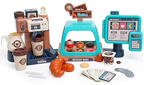 HOMCENT Machine à Café pour Enfants, Jouets de Simulation avec Cafetière et Beignets Jouet, Machine à Café Jouet avec Fonction de débit d'ea(Vert 41 pièces)