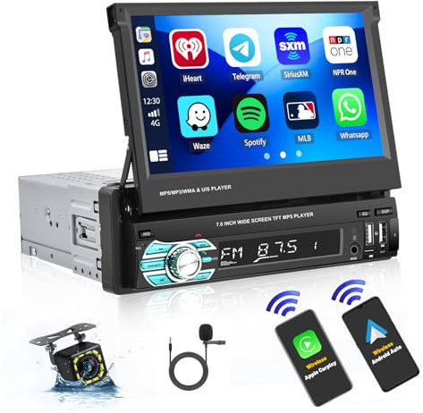 Hikity 7'' Autoradio 1 Din Carplay sans Fil avec USB AUX TF Type-C Wireless Android Auto Poste Radio Voiture Bluetooth Main Libres avec Écran Tactile Mirror Link EQ FM SWC Mic Caméra de Recul
