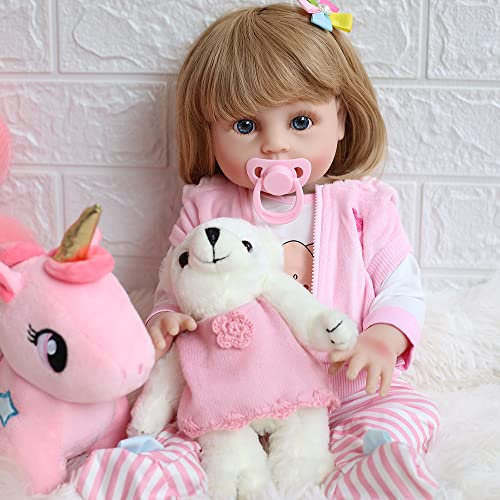 KUMIHO 43CM Reborn Baby Puppen Lebensechte Babypuppe Dolls Vinyl Neugeborenes Handgefertigtes schlafendes Mädchen Blondes Haar und Blaue Augen.