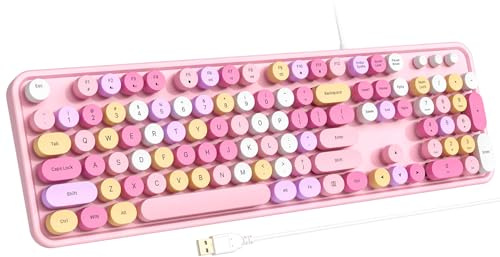 Atelus Computer Keyboard Wired, Plug Play USB Keyboard with Large Number Pad, Caps Indicators, Foldable Stands, Full Size Keyboard for Windows PC Laptop (Pink Colorful)