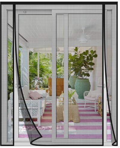 Risareyi Magnet Fliegengitter Tür 155x220cm, Schwarz Fiberglas Netz Insektenschutz Balkontür Magnetvorhang Doppelter Seitliche Öffnung für Doppeltür Schiebetür Terrassentür Moskitonetz, Ohne Bohren