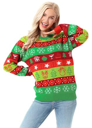 U LOOK UGLY TODAY Hässlicher Weihnachtspullover Damen Unisex lustig Chunky Fair Isle Gestrickter Festlicher Pullover Ugly Christmas Sweater für Party Hellgrün XL