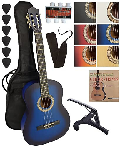 AMBRE Pack Guitare Classique 4/4 (Adulte) + 10 Accessoires (Housse, Support Mural, Accordeur, Sangle, Capodastre, Cordes, 6 Médiators, Boîte, Manivelle) + Cours Vidéo & CD (Bleu, 3/4, Gauche)