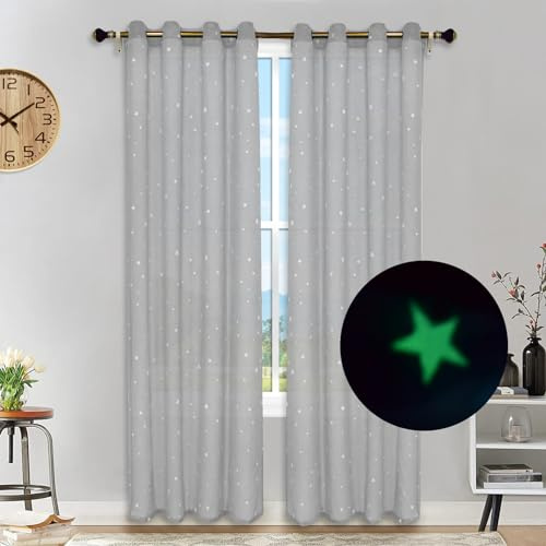 Hiseng Voile Gardinen mit Ösen Leuchtsterne Muster Voile Vorhänge Durchsichtig Halbtransparent Vorhänge Elegant Fenstervorhänge 2er Set für Fenster Wohnzimmer Schlafzimmer (Grau,132x182cm)