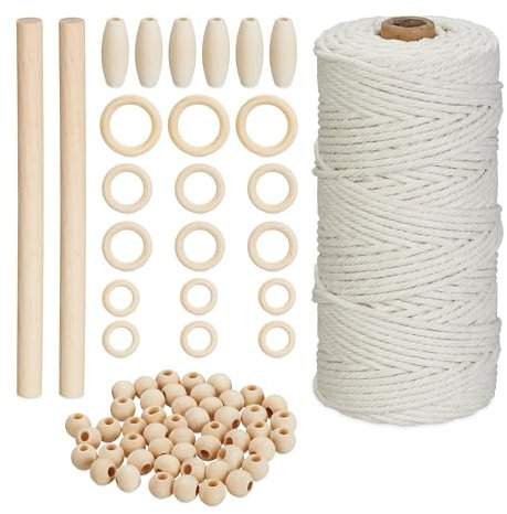 Relaxdays Makramee Set, 73-TLG. Bastelset mit Holzperlen & Holzringen, 109 m Baumwollgarn 3mm, für Anfänger, weiß/Natur