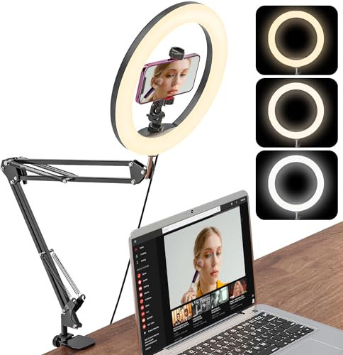 Jubor 10 Ringlicht Overhead Stativ Handy, LED Ringlicht mit Stativ Handy, Dimmbare Videokonferenzen Lichter 3 Lichtfarben+10 Helligkeiten für YouTube, Selfie, Makeup, TikTok Live-Streaming