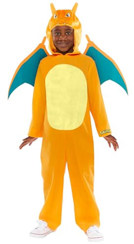 Amscan 9918509 – Offiziell lizenzierter Unisex-Overall „Pokémon Glurak“ mit Kapuze, Kostüm für Kinder, Alter: 8-10 Jahre (134 cm), Orange/Gelb