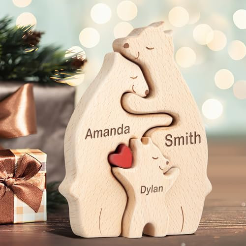 Kowlone Personalisiertes Holzkunstpuzzle der Bärenfamilie Geschenk mit 1-8 Namen, We Are One Holz Bär Tier Skulpturen Desktop Ornament Heim Tischdekoration Ideen für Weihnachts Jubiläum Geburtstag