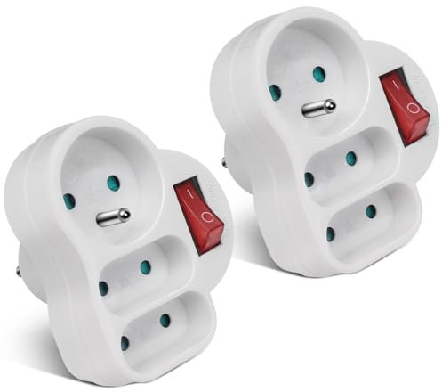 EXTRASTAR Multiprise 3 en 1 Murale Fiche, Triplite aveg Interrupteur, Electrique Prise de Courant avec Sécurité Enfant Intégrée, Idéal pour Bureau et Domicile, 1×16A+2×6A, 230V, Blanc