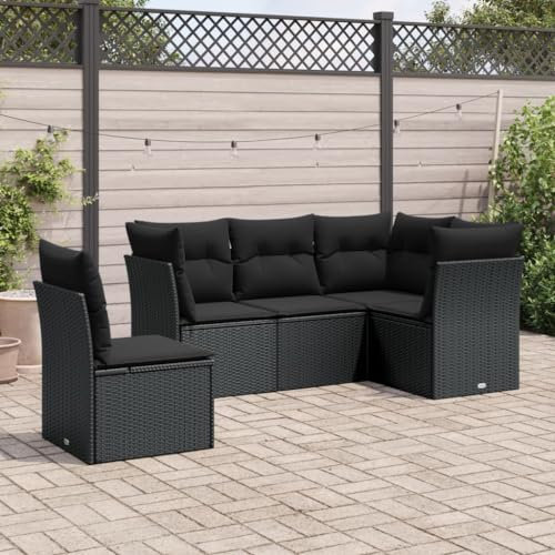 ULUYYUC 5-TLG. Garten-Sofagarnitur, Stehtisch Eckbank Küche Polsterbank Gästebett Geeignet für Außenbereich Garten Balkon Hinterhof mit Kissen Schwarz Poly Rattan