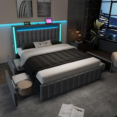 Polsterbett 140x200, LED Doppelbett mit USB Typ C Ladefunktion und 4 Schubladen, Bett Jugendbett Stauraumbett Funktionsbett Rückenlehne Bettgestell mit Holz Lattenrost, Leinen, Grau, Ohne Matratze