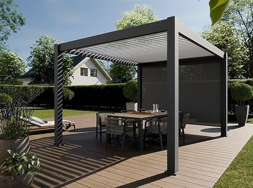 Direct ABRIS Pergola Bioclimatique Aluminium Autoportée 12m² - 3x4m Store Lateral Inclus - Anthracite - 25 Lames en Aluminium Inclinables a 90 degrés